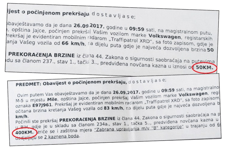 Obavijesti iz MUP-a SBK iz novembra i decembra s različitim novčanim iznosima kazne